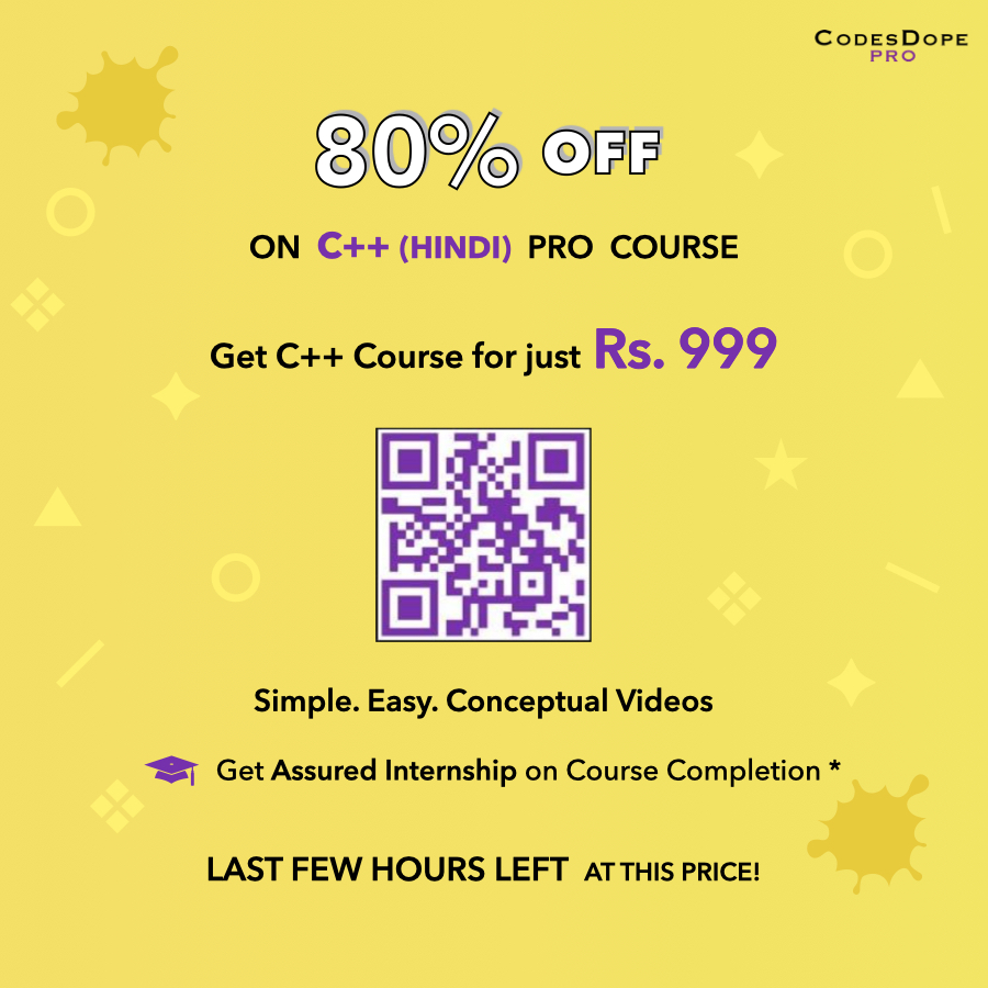 CodesDope's tweet image. Get C++ course for just Rs. 999 at 80% OFF. Last few hours left at this price! codop.es/start-pro-cpp #cpp #programming #offer
