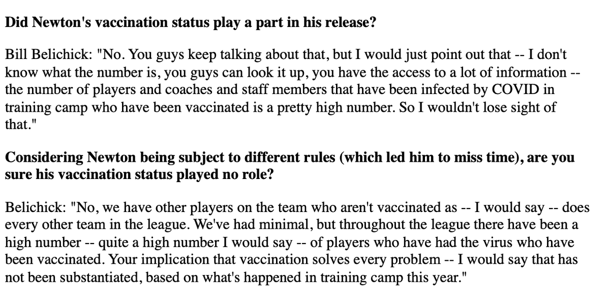 henrycmckenna's tweet photo. Here's a look at Bill Belichick's two answers (fully transcribed) about Cam Newton and what role being unvaccinated played in his release. https://t.co/4pSgq2w4PY