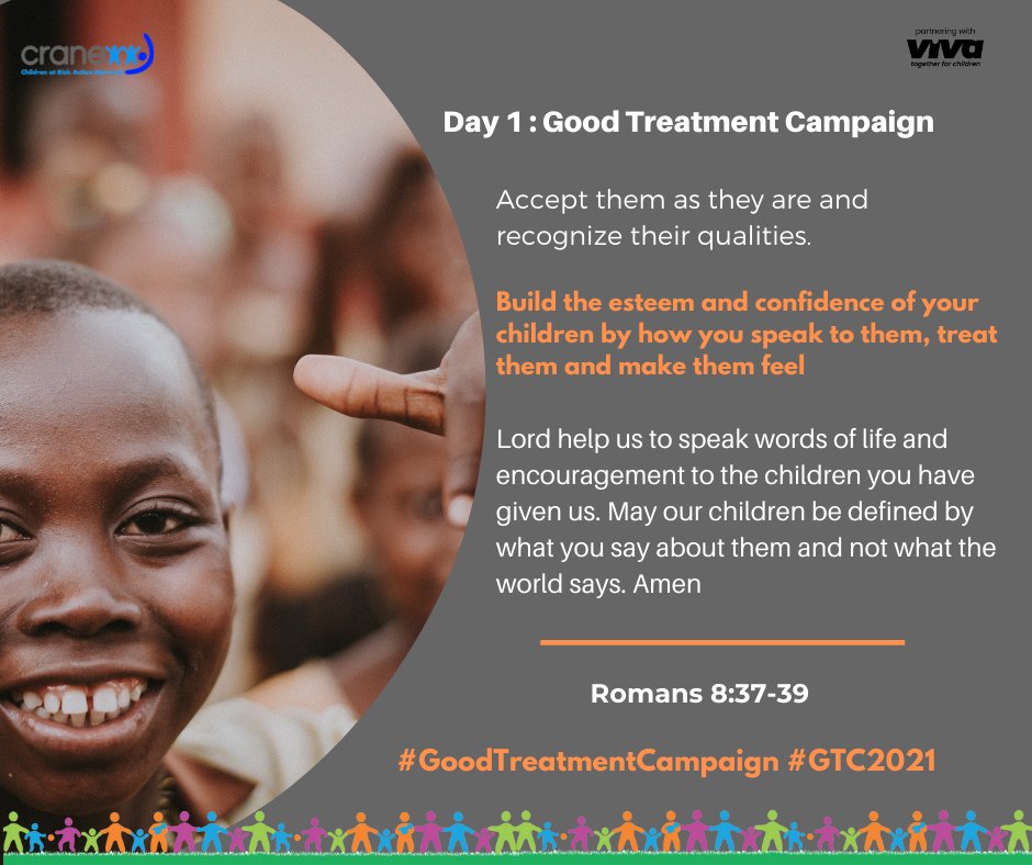 CRANENetworkUG's tweet image. Good Treatment Campaign Day 1

Throughout September, we run the @vivatogether #GoodTreatmentCampaign through which we share 5 key messages on how to treat children better. 

Today's key message: "Accept children as they are and recognise their qualities." #GTC2021