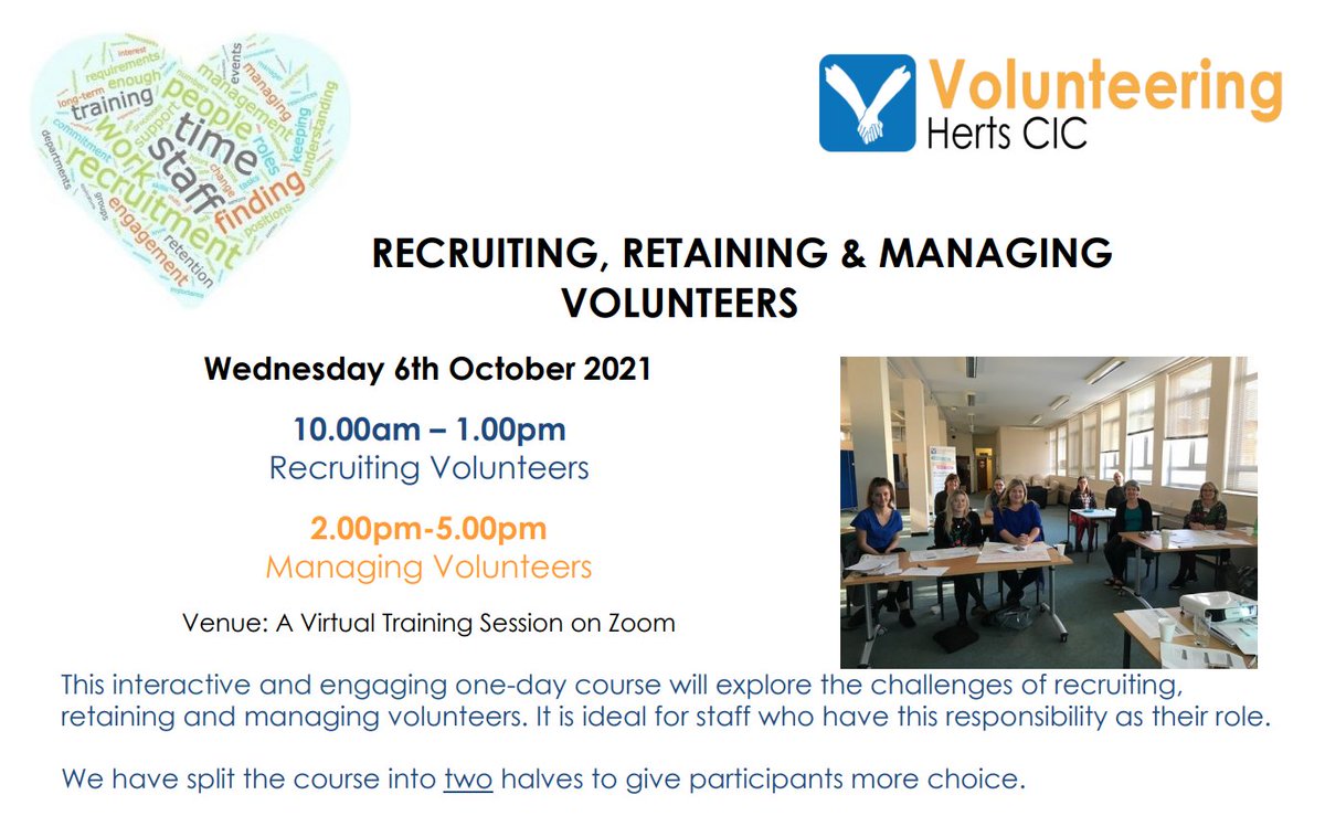 1stCommunities's tweet photo. Want to learn about the challenges that come with volunteer recruitment?

This interactive and engaging one-day course will explore the challenges of recruiting, retaining and managing volunteers.

Find out more at: https://t.co/uEh0vBXYiw

@VolunteerBEH @Support4Dacorum @WH_CVS https://t.co/V3tML2P8Hn
