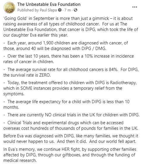 Please take a minute to read this.  Today is the start of #ChildhoodCancerAwarenessMonth 

It won't happen to you...  until it does.

#DIPG #Cancer #ChildhoodCancer #BeatDIPG #EndDIPG #UnbeatableEva