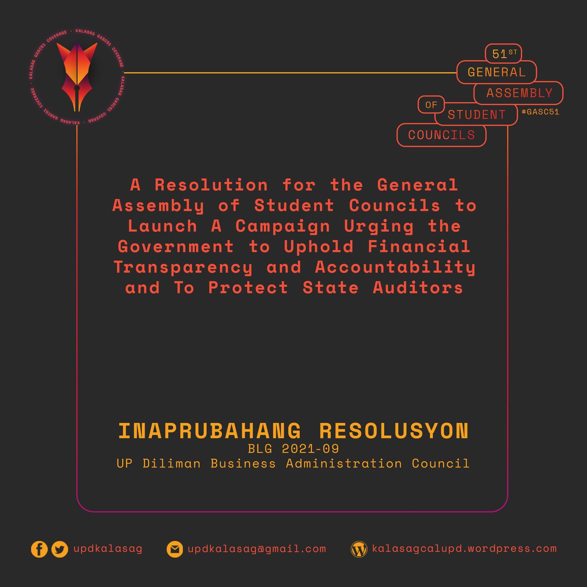 updkalasag's tweet photo. Sa ikalawa at huling araw ng ika-51 GASC, 15 resolusyon ang nadagdag sa mga naaprubahan ng kapulungan na naglalaman ng iba't ibang mga kampanya at panawagan.
#GASC51
#DutertePalpak
#DefendPressFreedom
#SupportLocalBusinesses
#ProtectStateAuditors https://t.co/9P9MCy3cuD