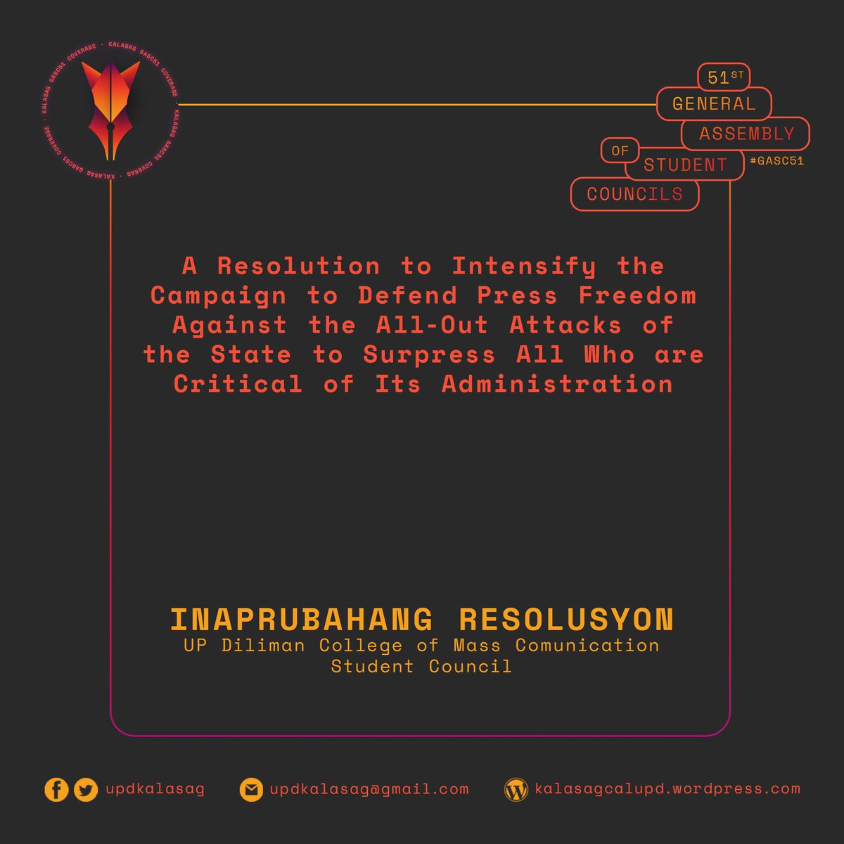 updkalasag's tweet photo. Sa ikalawa at huling araw ng ika-51 GASC, 15 resolusyon ang nadagdag sa mga naaprubahan ng kapulungan na naglalaman ng iba't ibang mga kampanya at panawagan.
#GASC51
#DutertePalpak
#DefendPressFreedom
#SupportLocalBusinesses
#ProtectStateAuditors https://t.co/9P9MCy3cuD