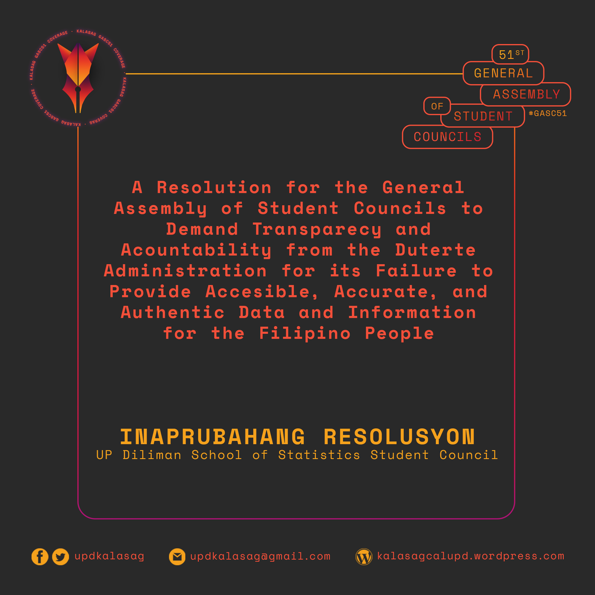 updkalasag's tweet photo. Sa ikalawa at huling araw ng ika-51 GASC, 15 resolusyon ang nadagdag sa mga naaprubahan ng kapulungan na naglalaman ng iba't ibang mga kampanya at panawagan.
#GASC51
#DutertePalpak
#DefendPressFreedom
#SupportLocalBusinesses
#ProtectStateAuditors https://t.co/9P9MCy3cuD