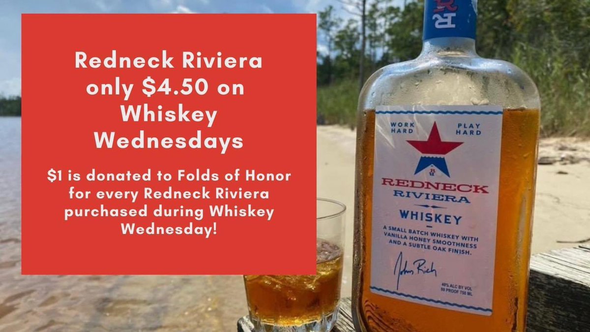 We are excited to add Redneck Riviera to our Whiskey Wednesdays! Each Redneck Riviera sold on WW we’ll donate $1 to the Folds of Honor! @RedneckRiviera @johnrich 
#topdawgtavern #johnrich #redneckrivierawhiskey #drinkamerican #foldsofhonor #honortheirsacrifice #educatetheirlegacy