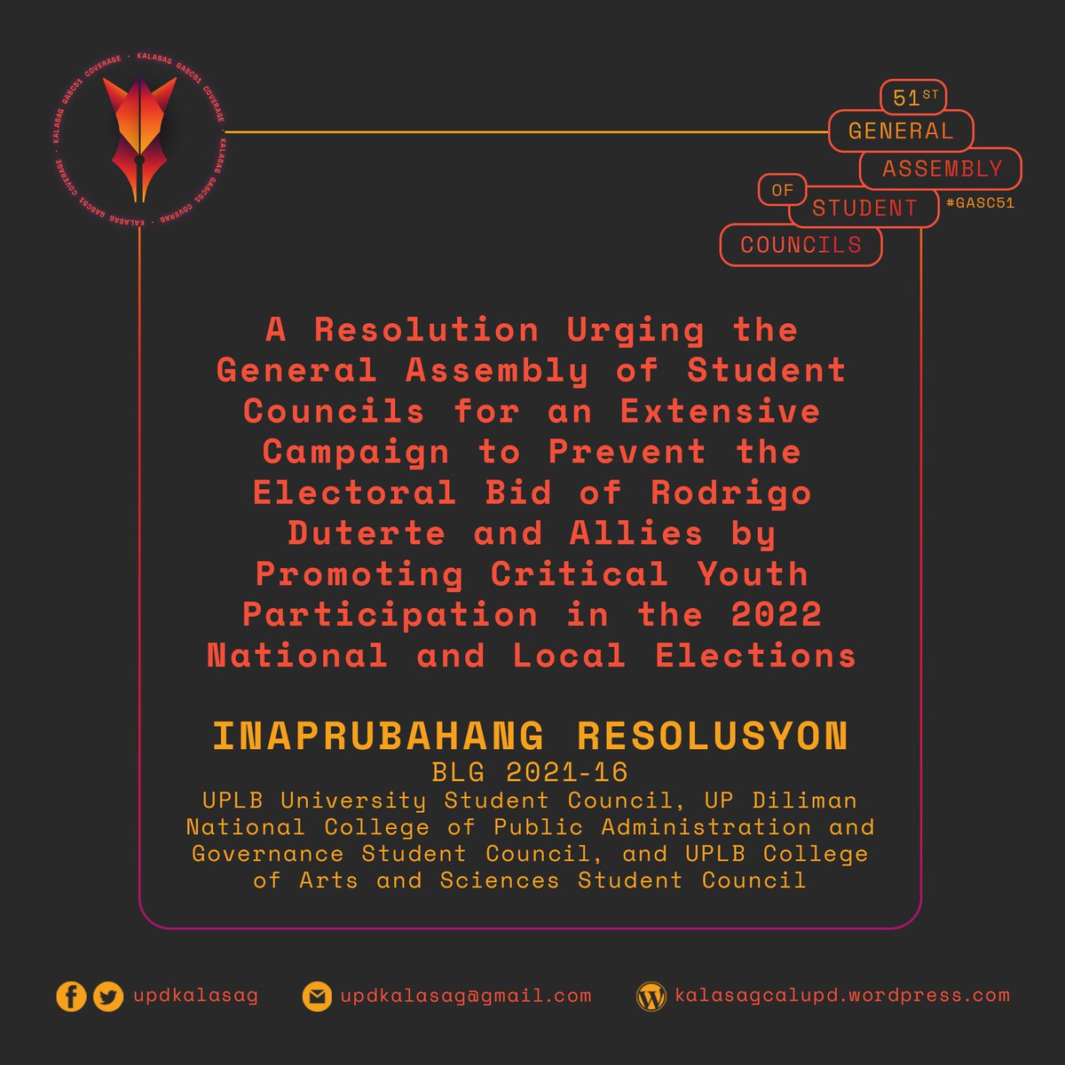 updkalasag's tweet photo. Sa kabuuan, 20 ang naipasang resolusyon na bibitbitin ng mga konseho ng mag-aaral sa buong UP System sa kani-kanilang mga kampanya at inisiyatiba.
#GASC51
#MentalHealthMatters
#UpholdDemocraticRights
#OustDuterte
#DefendAncestralLands https://t.co/3XXuoLucTa