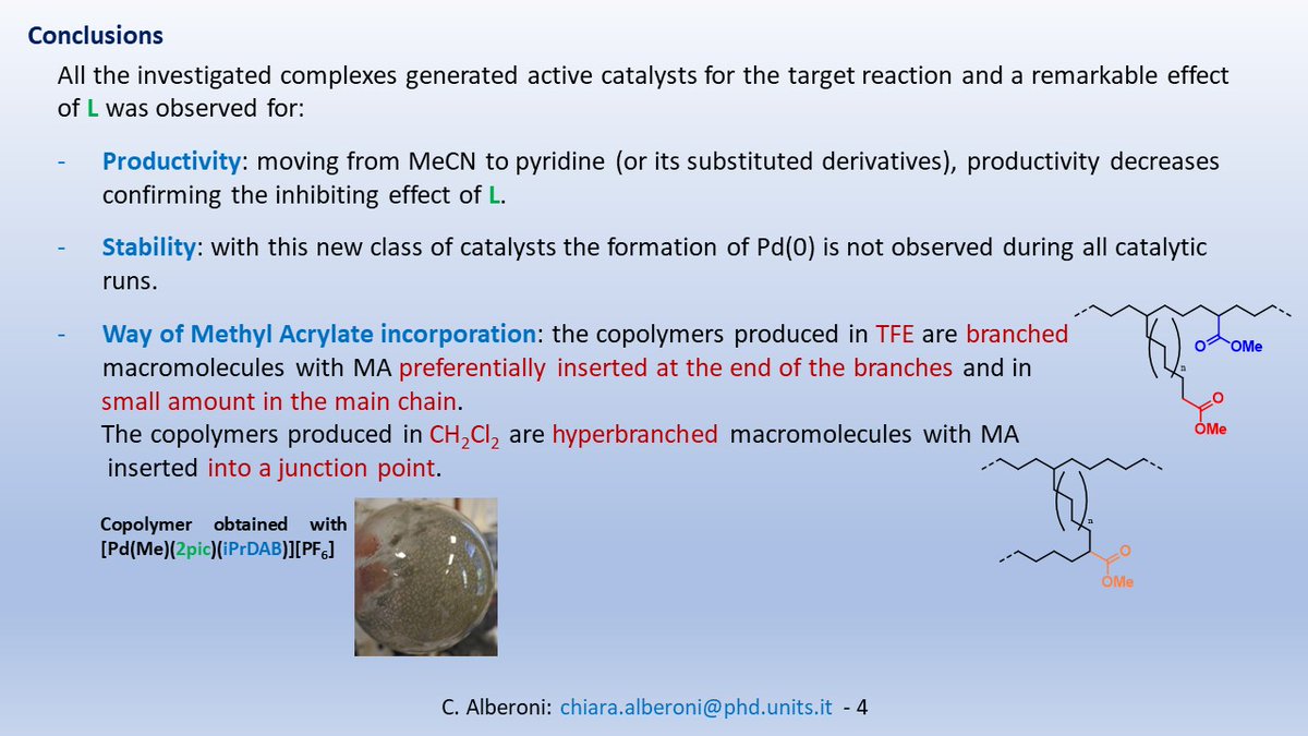 AlberoniChiara's tweet photo. Pd(II) catalysts for the synthesis of functionalized polyolefins: the effect of a fourth monodentate ligand. @ISOCUnicam @UniTrieste @elettrasincro https://t.co/KHP4WiRIe1