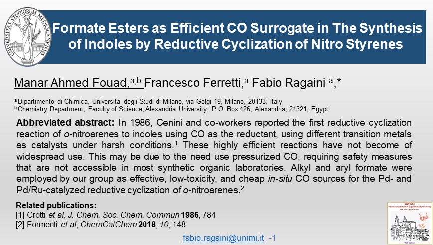 ManarA1994's tweet photo. Formate Esters as Efficient CO Surrogate in The Synthesis of Indoles by Reductive Cyclization of Nitro Styrenes 
@ISOCUnicam 2021
@LaStatale 
@FabioRagaini
@FrancescoFerretti 
@ManarA1994 https://t.co/SDCLSaqrov