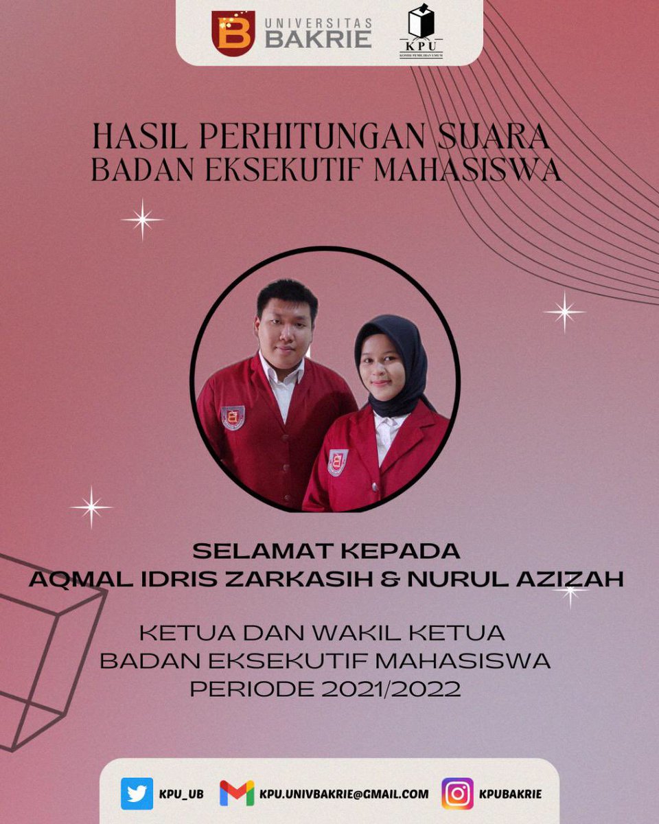 [ANNOUNCEMENT]
Kami ucapkan selamat untuk pasangan No Urut 2 “Aqmal Idris Zarkasih &amp; Nurul Azizah” yang telah terpilih menjadi Ketua dan Wakil Ketua BEM periode 2021/2022. Semoga amanah dan dapat menjalankan tugasnya dengan baik.