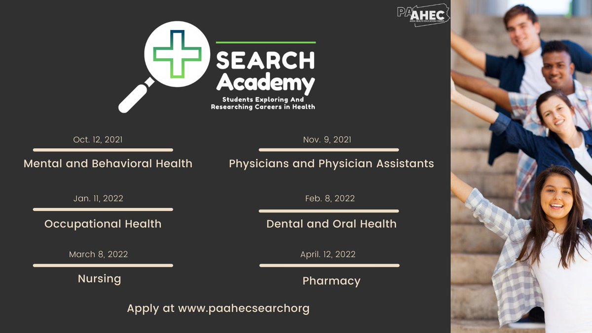 AHECscholars_PA's tweet photo. Know a high schooler who is interested in a career in #healthcare? PA #AHEC SEARCH Academy is a free, virtual program that introduces #students to a variety of careers and gives them the chance to interact with practicing professionals in #Pennsylvania

https://t.co/8TIMgYg0VW https://t.co/NkkcjNpEE6
