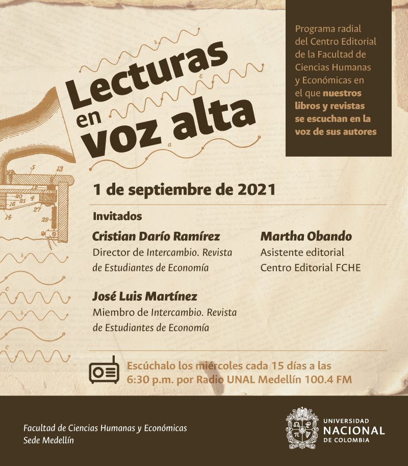 fche_unal's tweet photo. #CentroEditorialFCHE | 📻  Conéctate hoy a las 6:30 p.m. con un nuevo episodio de Lecturas en voz alta.🎙 Tendremos como invitados a los integrantes de  @revintercambio.

📆 Miércoles cada 15 días por @RadioUNALmed - 100.4 FM: https://t.co/BVDQ54catG. 

¡No te lo pierdas! https://t.co/FwzQ776NzB