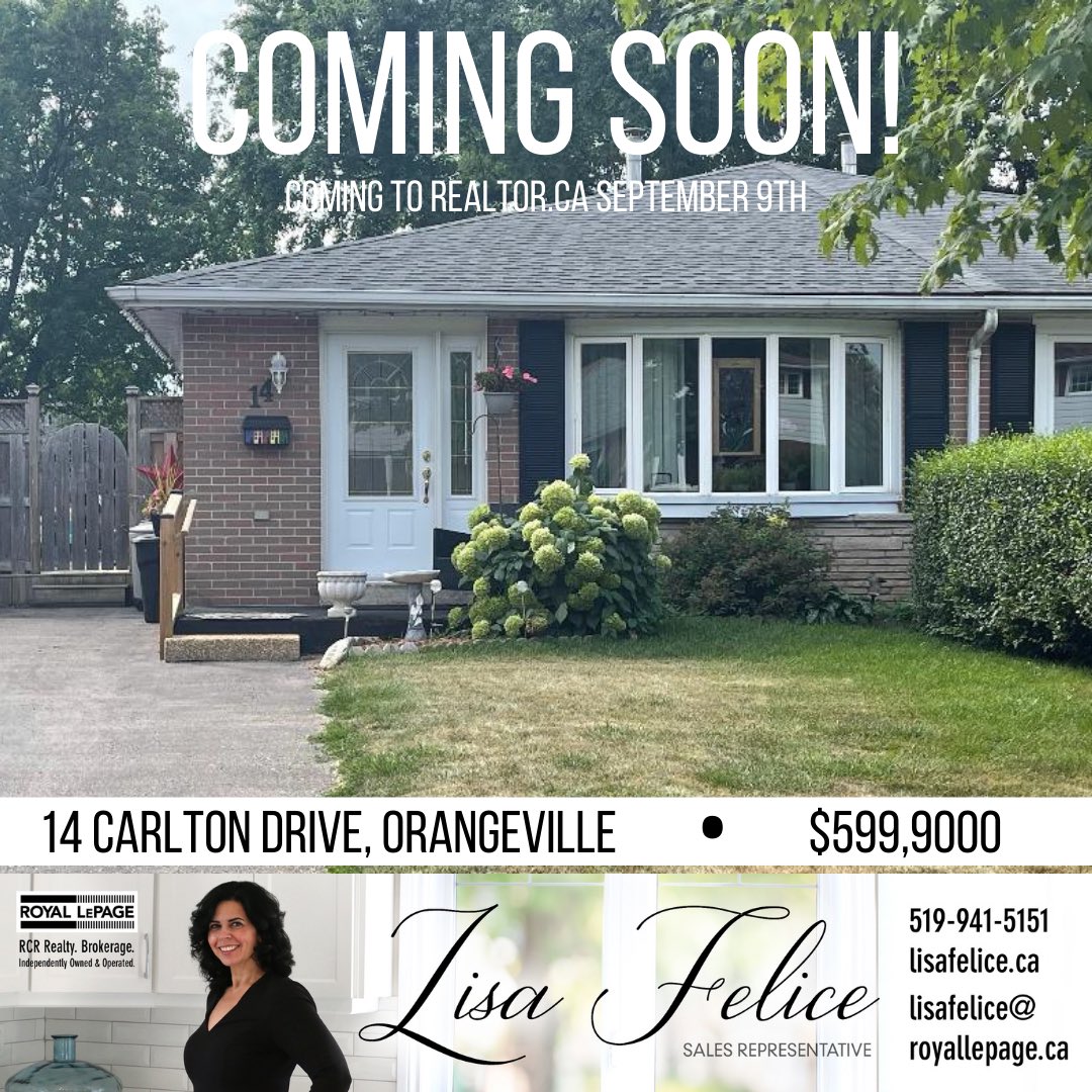 Lisa_Felice_RE's tweet photo. COMING SOON!  14 Carlton Drive, Orangeville! 

 #orangeville #realestate #lisafelice #royallepage #royallepageorangeville
#award #customerservice #diamondaward #top3percent #rlpcanada #referrals #awardofexcellence #orangeville #forsale
#orangevillerealestate https://t.co/R56J9ztdQi