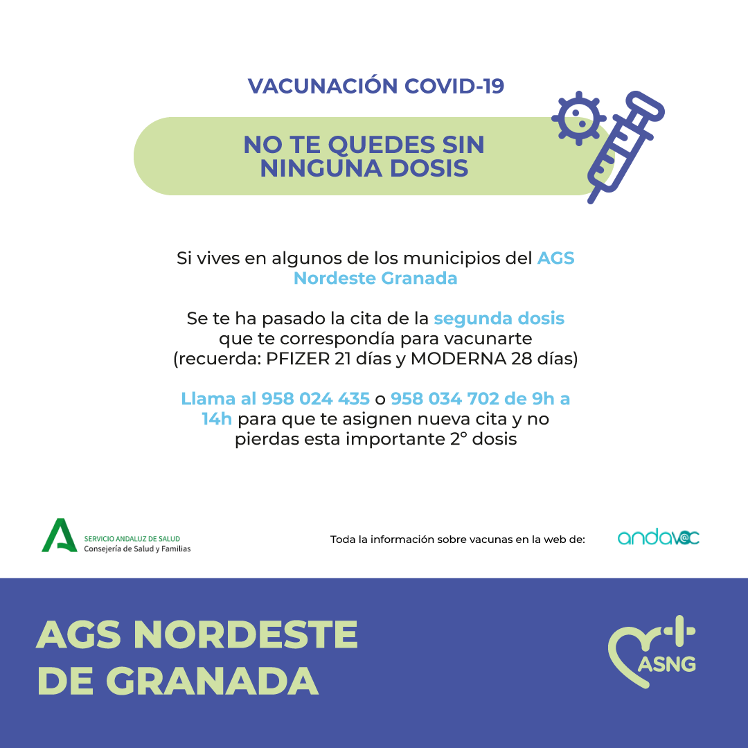 SaludNordesteGr's tweet photo. #IMPORTANTE 💉 ¡No te quedes sin tu vacuna! Desde @SaludNordesteGr hemos habilitado dos teléfonos para quien haya perdido la cita de la 2ª dosis y/o quiera cita de la 1ª dosis.
☎️ 958 024 435 y 958 034 702 (funcionan de Lunes a Viernes de 9h. a 14h.) https://t.co/2S26hV8Rz6