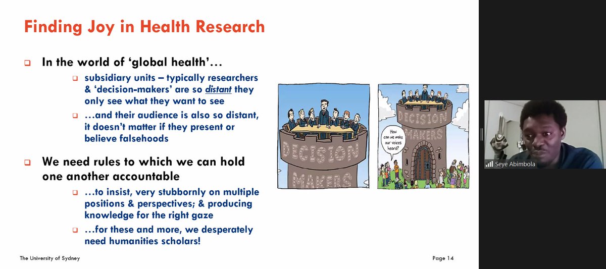 @AndMhha There is a lot that we do that takes away joy from #globalhealth research. At today's session,  @seyeabimbola admonishes researchers in #global #publichealth to be open to rules that hold us accountable in the way we create knowledge.