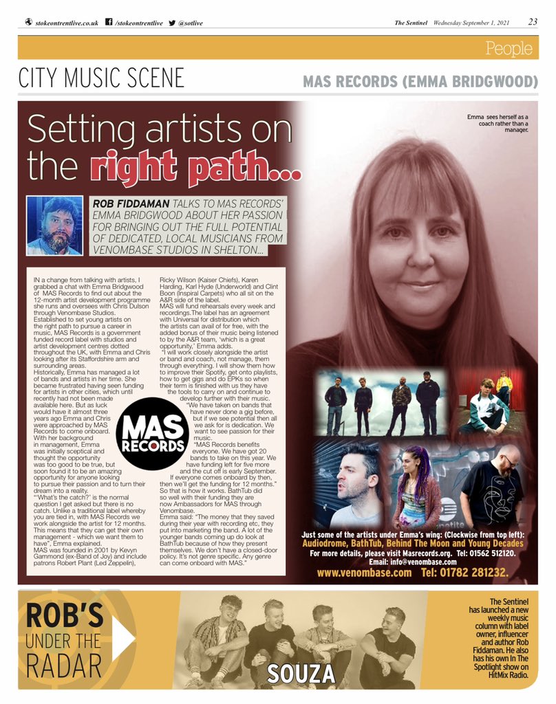 Rob Fiddaman 🎧 🎙 📻 (@rob_fiddaman) on Twitter photo This week for “City Music Scene“
<a href="/Sotlive/">StokeonTrentLive</a> I had an interesting chat with Emma from <a href="/venombase/">Venombase Studios</a> and learnt about out her connection with <a href="/MASrecordsUK/">MAS Records - Free Funded Artist Development</a> and local bands she’s currently coaching . Under The Radar is Souza . This week for “City Music Scene“
<a href="/Sotlive/">StokeonTrentLive</a> I had an interesting chat with Emma from <a href="/venombase/">Venombase Studios</a> and learnt about out her connection with <a href="/MASrecordsUK/">MAS Records - Free Funded Artist Development</a> and local bands she’s currently coaching . Under The Radar is Souza .