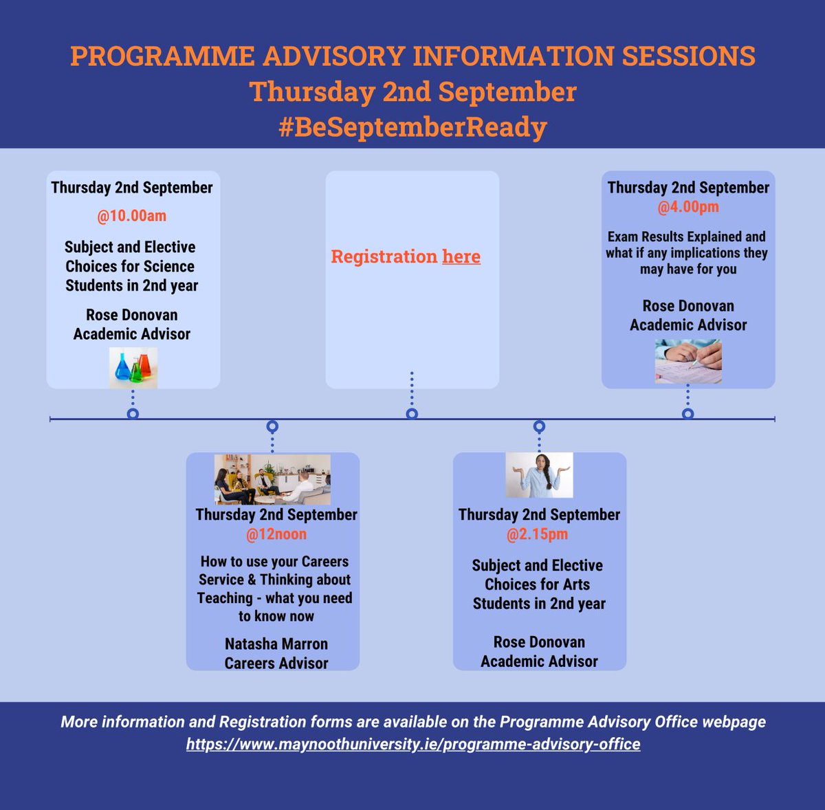 Calling students: #BeSeptemberReady by joining these Information Sessions on 2 September. Primarily aimed at any student who was a 1st year in 2020/21, the sessions will cover topics such as subject & elective choices, exam results & careers. 

Register: maynoothuniversity.ie/programme-advi…