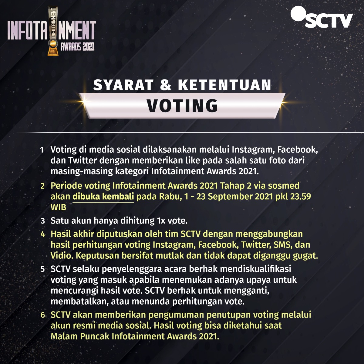 SCTV's tweet photo. Voting #InfotainmentAwards2021 tahap 2 sudah dimulai, lho!

Berikan dukungan kamu untuk kategori BEST COUPLE di Twitter dengan cara like tweet berikut ini! Cek syarat &amp; ketentuan serta mekanisme selengkapnya di slide berikutnya, ya!
#IAA #VoteIA2021 #SCTVSpesial https://t.co/DY6CrqXYxk