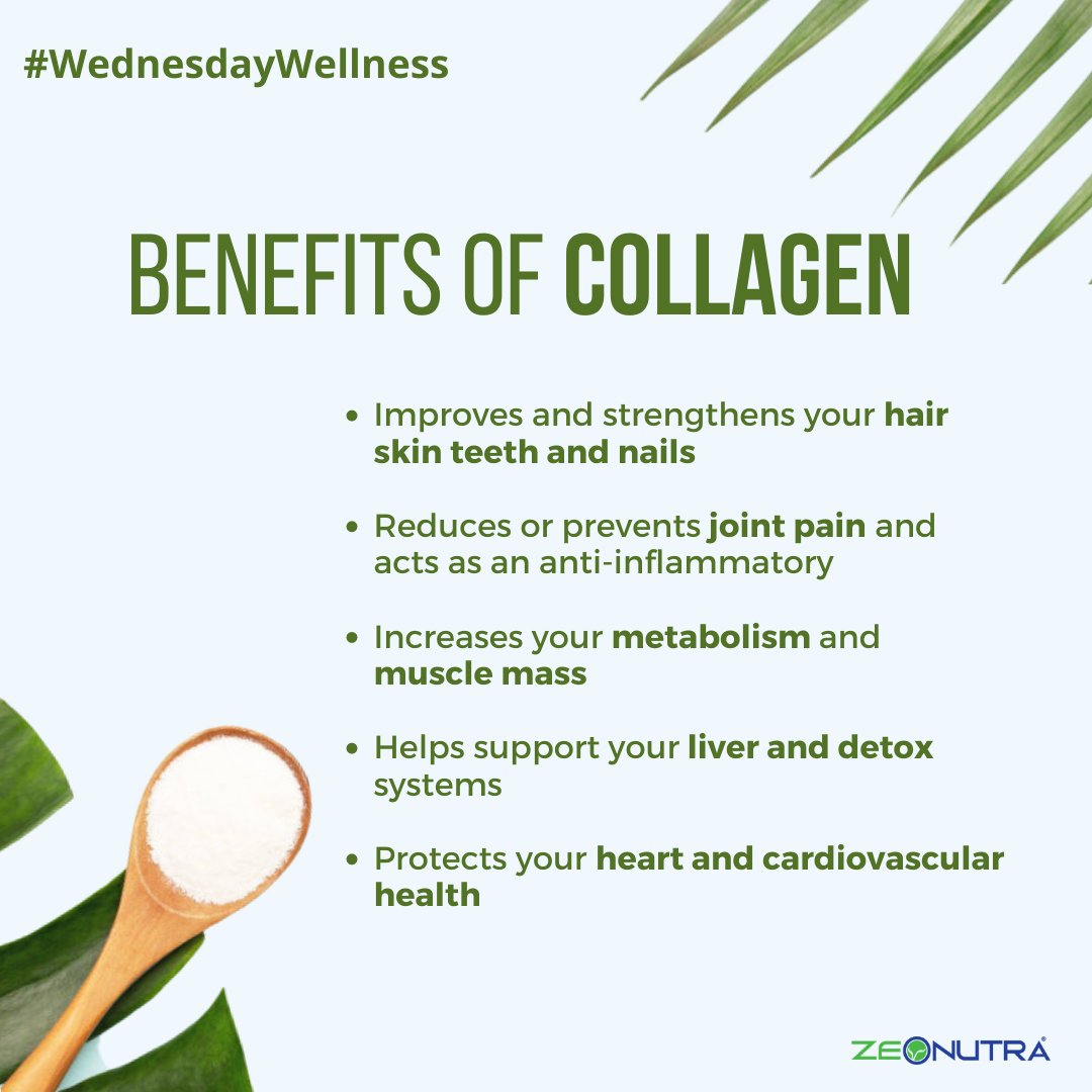 zeonutra's tweet photo. #Collagen is a protein responsible for #healthyjoints and skin elasticity, or stretchiness. It's in your #bones, muscles, and blood, comprising three-quarters of your skin and a third of the protein in your body.
#Wednesdayvibe #wednesdaywellness #Wednesdayvibe #Zeonutra https://t.co/RrPpXE0lTT