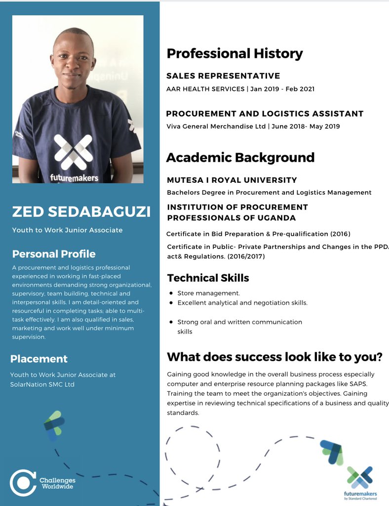 Challenges_UG's tweet photo. Meet Zed Sedabaguzi; a #Y2W Junior Associate at Solar Nation Uganda!
- a cleantech company whose work seeks to tackle the energy inclusion crisis. Their goal is to offer affordable solar solutions to everyday Ugandans. Find more on their services here: https://t.co/TaocU0CdOB https://t.co/mFz534eFJH