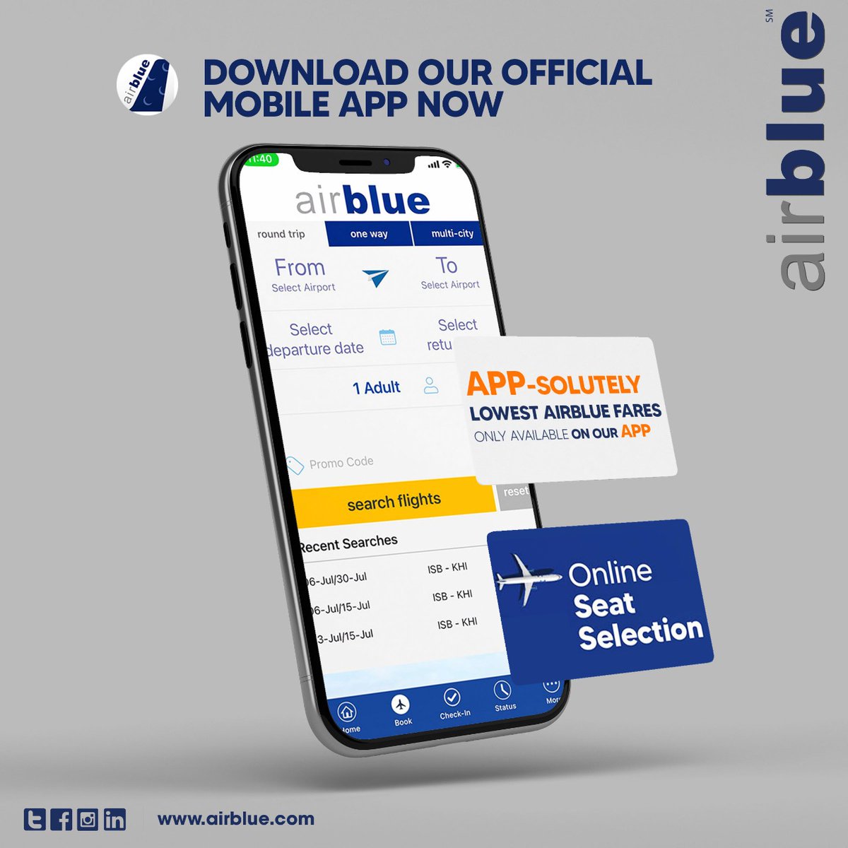 airblueairline's tweet image. Download NOW our #Official #Mobile #APP &amp;amp; avail online #SeatSelection feature along with APP-solutely LOWEST #airblue Fares only available on our App &amp;amp; much more 📱💙