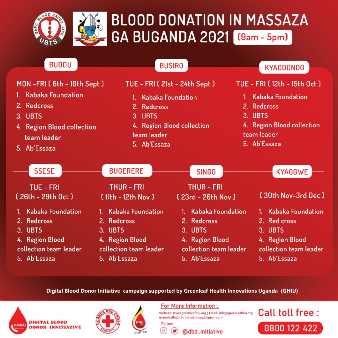 DIGITAL BLOOOD DONOR INITIATIVE - @dbd_initiative (@dbd_initiative) on Twitter photo "LET'S SUPPORT - MASSAZA GA BUGANDA BLOOD DONATION PROGRAM FROM 6th SEPT - 3rd DEC " Ssabasajja Kabaka Awangaale
<a href="/Blood4Uganda/">Donate:Blood4Uganda</a> <a href="/ubtsug1/">Uganda Blood Transfusion Service (UBTS)</a> <a href="/UgandaRedCross/">Uganda Red Cross Society</a> <a href="/DianaAtwine/">Dr. Diana Atwine</a> <a href="/dianawek24/">Nagawooya Diana</a> <a href="/NadaAndersen/">Nada Andersen</a> <a href="/JenifaOchwo/">Jenifa Ochwo</a> <a href="/EximBankUganda/">Exim Bank Uganda Limited</a> <a href="/fsnakazibwe/">Faridah Nakazibwe</a>
<a href="/RMityana/">Rotaract Club Of Mityana</a> <a href="/mengo_hospital/">Mengo Hospital</a> <a href="/kabakafound/">Kabaka Foundation</a> "LET'S SUPPORT - MASSAZA GA BUGANDA BLOOD DONATION PROGRAM FROM 6th SEPT - 3rd DEC " Ssabasajja Kabaka Awangaale
<a href="/Blood4Uganda/">Donate:Blood4Uganda</a> <a href="/ubtsug1/">Uganda Blood Transfusion Service (UBTS)</a> <a href="/UgandaRedCross/">Uganda Red Cross Society</a> <a href="/DianaAtwine/">Dr. Diana Atwine</a> <a href="/dianawek24/">Nagawooya Diana</a> <a href="/NadaAndersen/">Nada Andersen</a> <a href="/JenifaOchwo/">Jenifa Ochwo</a> <a href="/EximBankUganda/">Exim Bank Uganda Limited</a> <a href="/fsnakazibwe/">Faridah Nakazibwe</a>
<a href="/RMityana/">Rotaract Club Of Mityana</a> <a href="/mengo_hospital/">Mengo Hospital</a> <a href="/kabakafound/">Kabaka Foundation</a>