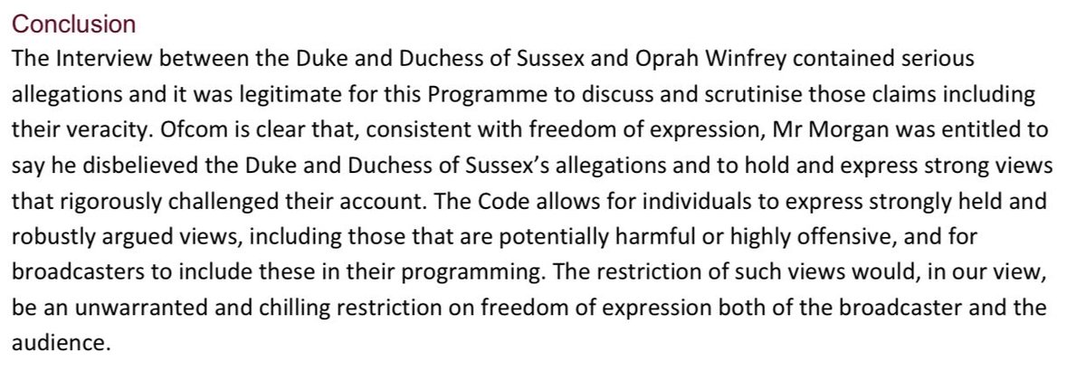 Piers Morgan (@piersmorgan) on Twitter photo BREAKING: <a href="/Ofcom/">Ofcom</a> rejects all complaints against me over Meghan Markle furore that led to my exit from <a href="/GMB/">Good Morning Britain</a>. Verdict says I was entitled to disbelieve her & Prince Harry & to restrict my right to do so would be a ‘chilling restriction on freedom of expression.’ 👇 BREAKING: <a href="/Ofcom/">Ofcom</a> rejects all complaints against me over Meghan Markle furore that led to my exit from <a href="/GMB/">Good Morning Britain</a>. Verdict says I was entitled to disbelieve her & Prince Harry & to restrict my right to do so would be a ‘chilling restriction on freedom of expression.’ 👇