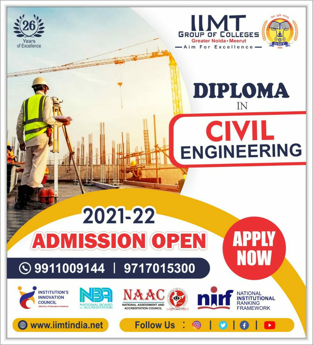 iimtnoida's tweet photo. An Investment in Education Pays the Best Interest!!
Admission Open: 2021 - 22
Diploma In Civil Engineering
Apply Now
https://t.co/UOh7RIsu8l
Call Us: 9717015300, 9911009144
#BestPolytechnicCollege #TopPolytechnicCollege
#DiplomaInCivilEngineering #CivilEngineering
#AdmissionOpen https://t.co/7PmIpBRI6d
