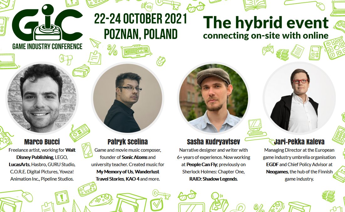 Whom will you meet at #GIC21 in Poznan? 🍻🍻🍻
Most importantly, the speakers‼️‼️
The first four of our awesome speakers we are presenting now. ✨✨✨
💚<a href="/bucciblog/">Marco Bucci</a>
💚<a href="/PatrykScelina/">Patryk Scelina</a>
💚<a href="/sashakirlee/">Sasha Kudryavtsev</a>
💚<a href="/jpkaleva/">Jari-Pekka Kaleva</a>

#indiedev #gamedev