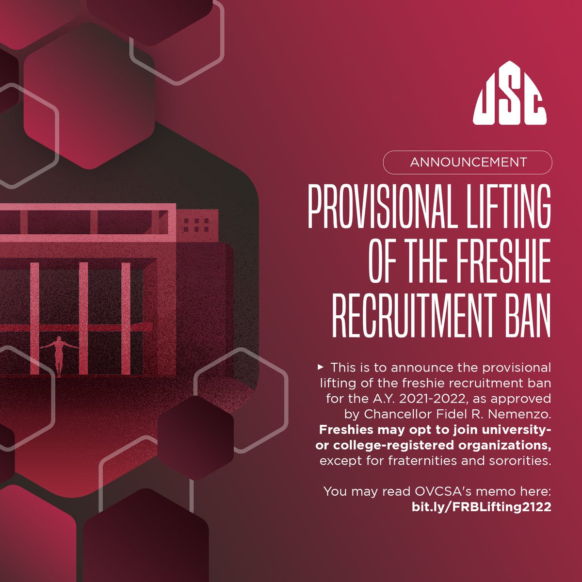 USCUPDiliman's tweet photo. #JunkFRB | This is to announce the provisional lifting of the freshie recruitment ban, as approved by Chancellor Fidel R. Nemenzo. Freshies may opt to join university- or college-registered organizations, except for fraternities and sororities. https://t.co/cnHHueXOgV