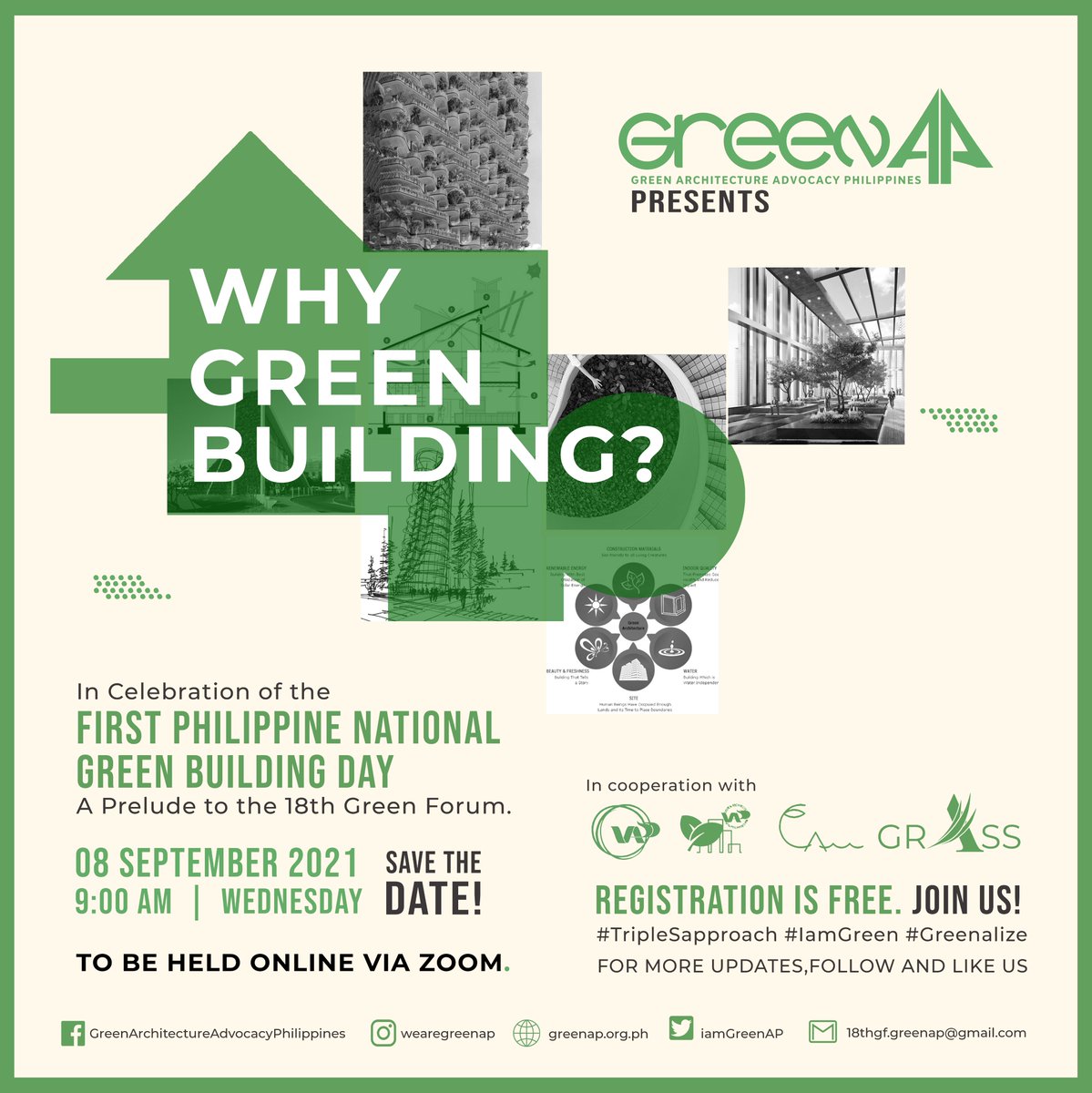 iamGreenAP's tweet photo. es, SeptemBER is upon us. GreenAP celebrates the entire month with our #greenalize activities. To highlight the #TripleSapproach, we present "Why Green Building?" An online event that serves as a prelude to the 18th Green Forum come September 23-24, 2021. Come join us1 https://t.co/jhXrJboldq