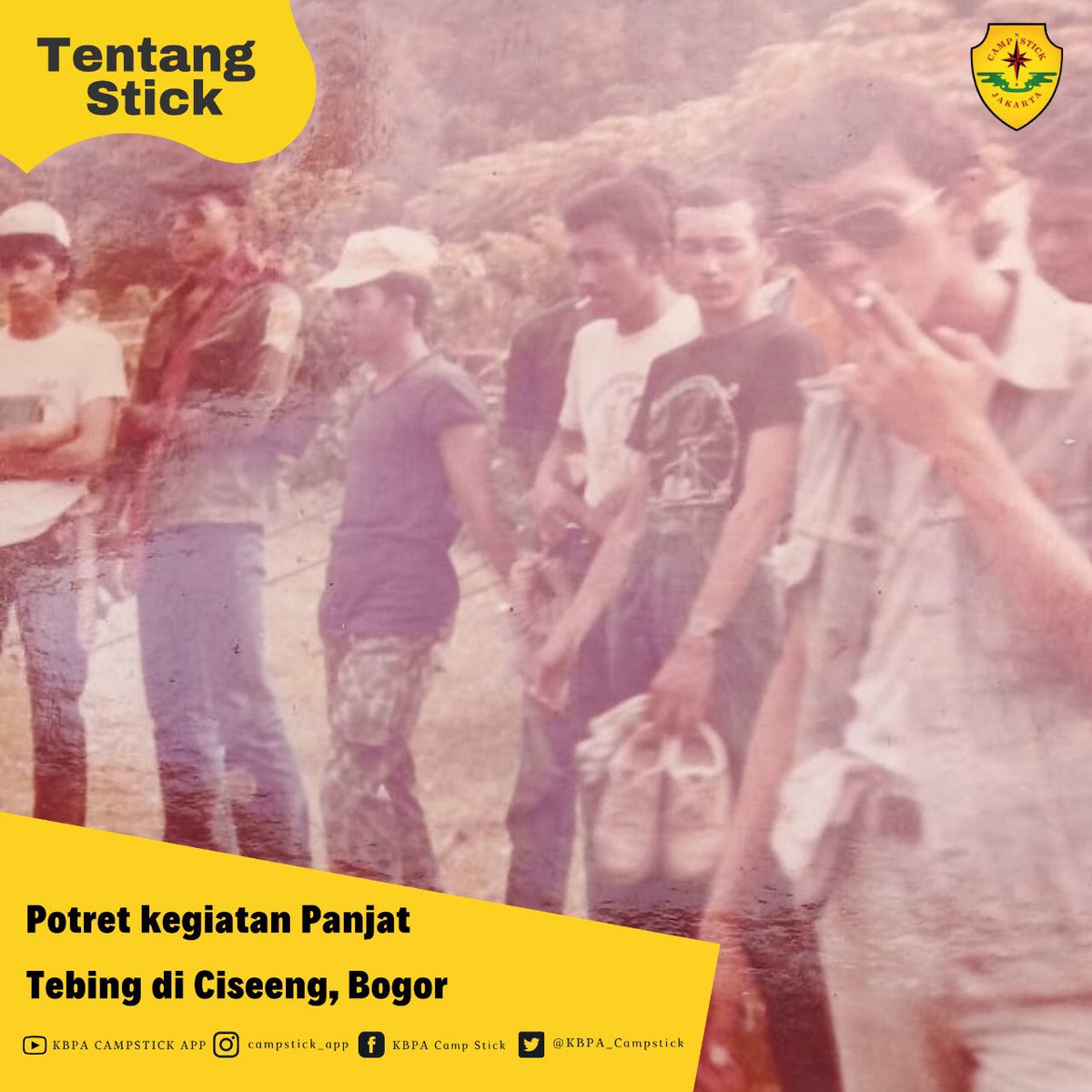 KBPA_Campstick's tweet photo. Hallo Sobat Stick! Apa kabar nih? Semoga baik-baik saja ya…
•
Ada yang tahu itu tahun berapa sobat stick? Nah, menurut narasumber kita foto itu diambil pada tahun 1984, sudah 37 tahun yang lalu ternyata ya, saat itu anggota campstick sedang melakukan panjat tebing di Ciseeng. https://t.co/E3A0xBZ0BR