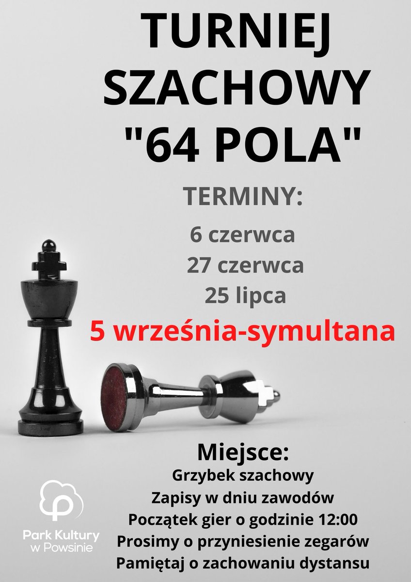 parkpowsin's tweet photo. Zapraszamy w niedzielę do Park Kultury w Powsinie:
12:00- Turniej szachowy "64 pola- symultana♟
14:00- Zajęcia stretchingu w plenerze
Zapowiada się słoneczny dzień 🌞 https://t.co/NUBP7lylBq