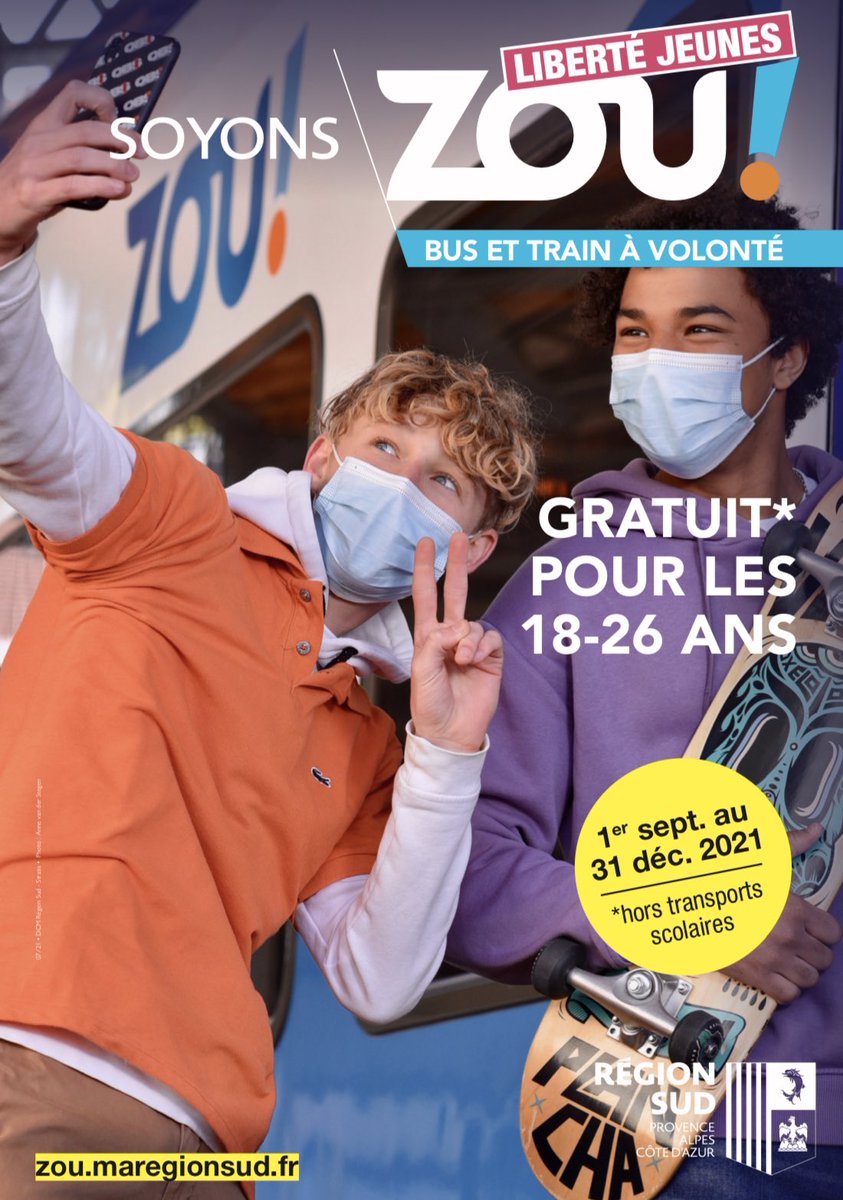 Parole donnée, parole tenue ! Dès aujourd’hui et jusqu’à la fin de l’année, les transports régionaux #Zou sont gratuits pour les 18-26 ans. 
Dans le respect des règles sanitaires et en toute sécurité, <a href="/MaRegionSud/">Région Sud</a> offre à notre jeunesse les meilleures conditions de transport.
