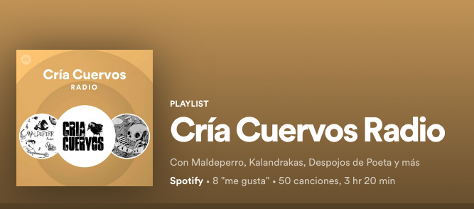 Cría Cuervos Radio con @LasSexpeares <a href="/kalandrakasrock/">Kalandrakas Rockband</a> <a href="/lukasinraza/">Luka Sinraza Oficial</a> <a href="/ExcesoOficial/">Exceso</a> <a href="/puraposse/">PURAPOSSE</a> <a href="/maldeperro/">MALDEPERRO</a> <a href="/Adestono/">ADESTONO</a> <a href="/MezkOficial/">✯ MEZ-K ✯</a> <a href="/TheFox196/">THE FOX 196</a> <a href="/LionsWayoficial/">Lions Way</a> <a href="/Desenkanto/">Desenkanto Rock</a> 

open.spotify.com/playlist/37i9d…