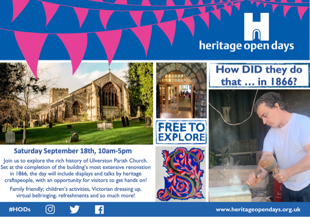 ChurchUlverston's tweet photo. SAVE THE DATE! 18th September
@hertiageopenday at Ulverston Parish Church.
Something for everyone and free for all.
#HODs https://t.co/eLiXuS30lX