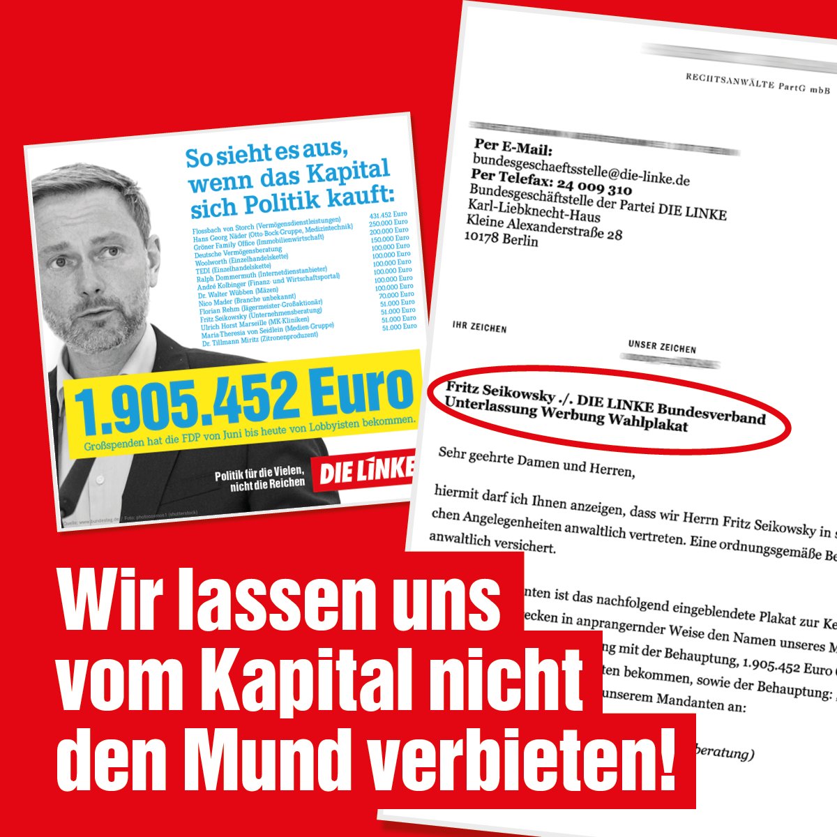 dieLinke's tweet image. Die Reichen nutzen ihr Geld nicht nur zur Einflussnahme auf die Politik. Sie wollen auch die einschüchtern, die Großspenden kritisieren: Letzte Woche haben wir mit einem Sharepic über das viele Geld für die FDP berichtet. #Parteispenden #Lobbyismus #MachtdasLandgerecht (1/3)