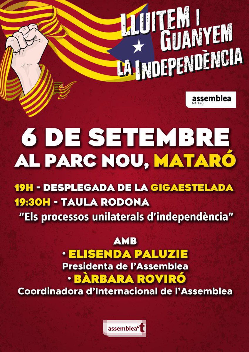 Aquest proper dilluns tenim una cita a Mataró.
<a href="/MataroxIndep/">ANC Mataró</a> <a href="/assemblea/">Assemblea Nacional Catalana</a> <a href="/epaluzie/">Elisenda Paluzie</a> <a href="/assemblea_int/">Assemblea International</a>