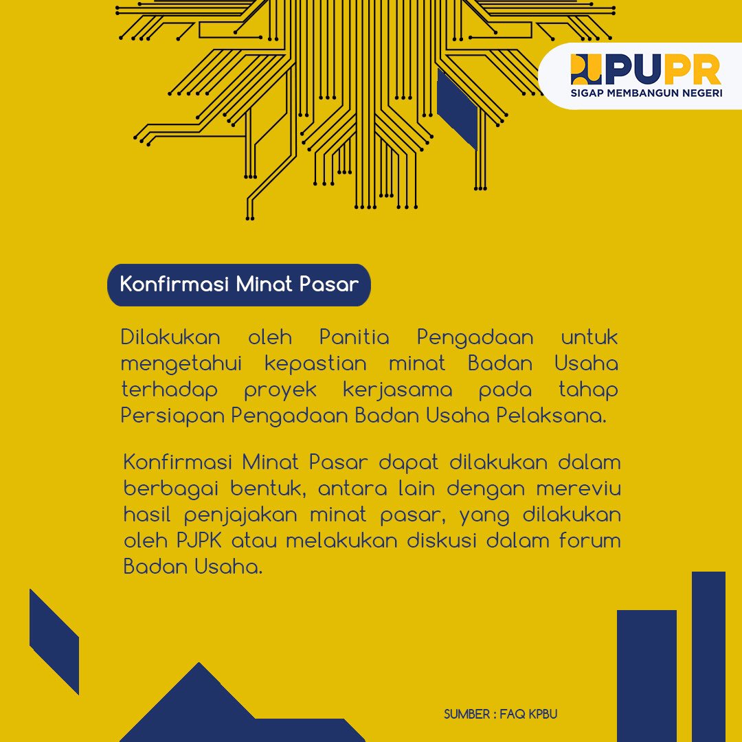pu_djpi's tweet photo. Hai #sahabat
Apa sih perbedaan konsultasi publik, penjajakan minat pasar, konsultasi pasar, dan konfirmasi minat pasar dalam KPBU?
Mari simak bareng - bareng ya #sahabat 👆🏻👆🏻👆🏻
#sigapmembangunnegeri
#KPBU https://t.co/WbiToeXvUP