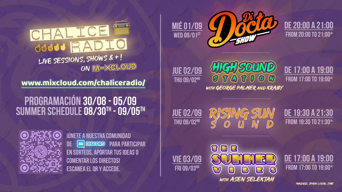 ChaliceSound's tweet photo. #ChaliceRadio
#weekly #semanalmente
30 AGO / AUG - 05 SEPT
ππππππππ
#DiDoctaShow
#HighSoundStation
#SummerVibes #sessions LS #AsenSelektah
#RisingSunSound #session
..
#ChaliceSound #mixcloud #live #radio #mixcloudlive #livestream #madrid #spain #livestreaming #streaming https://t.co/hmoaGLhpT7