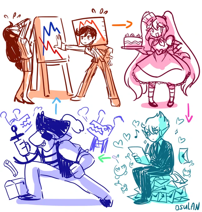 Uh... I don't know if it can be considered as AU but I swapped the activities of these 4 characters 👉👈
SWEETHEART became a baker
SPACEBOY became a prince superstar
JAWSUM became a pirate
UNBREAD TWINS became buisness leaders 