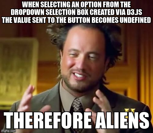 overflow_meme's tweet image. When selecting an option from the dropdown selection box created via d3.js the value sent to the button becomes undefined stackoverflow.com/questions/6897… #htmlselect #html #d3js #javascript