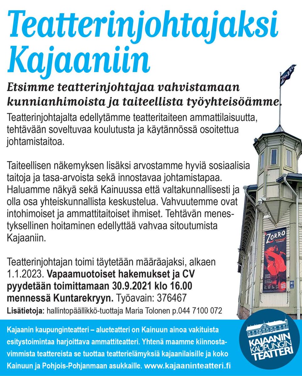 Töitä tarjolla!
Teatterinjohtajaksi Kajaaniin✨