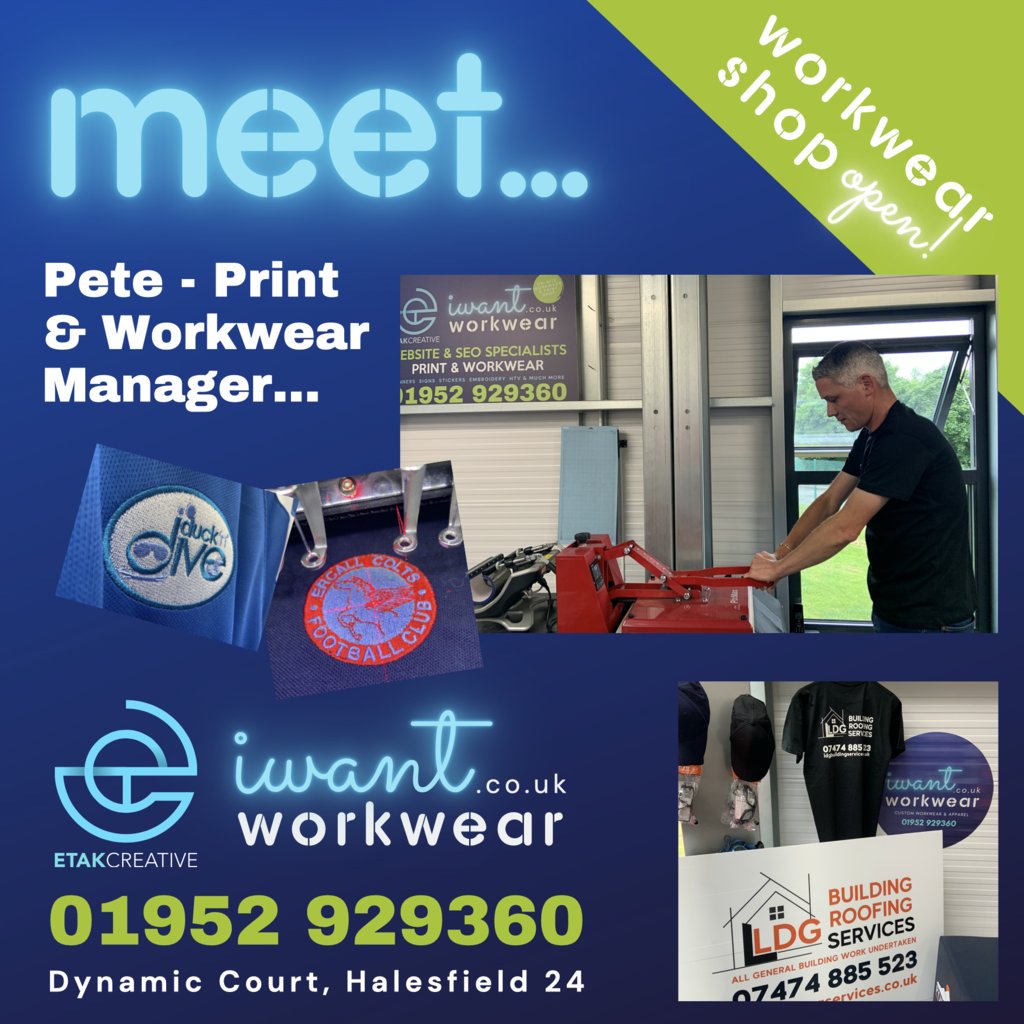 etak84's tweet photo. Meet Pete! With over 20 years experience Pete heads up the workwear and print side of the business of ETAK Creative and https://t.co/O60TN84K7s (100's of garments ready to be personalised onsite) don't hesitate to pop down to the workwear shop over on Halesfield 24! #supportlocal https://t.co/qpYKzfYWK3