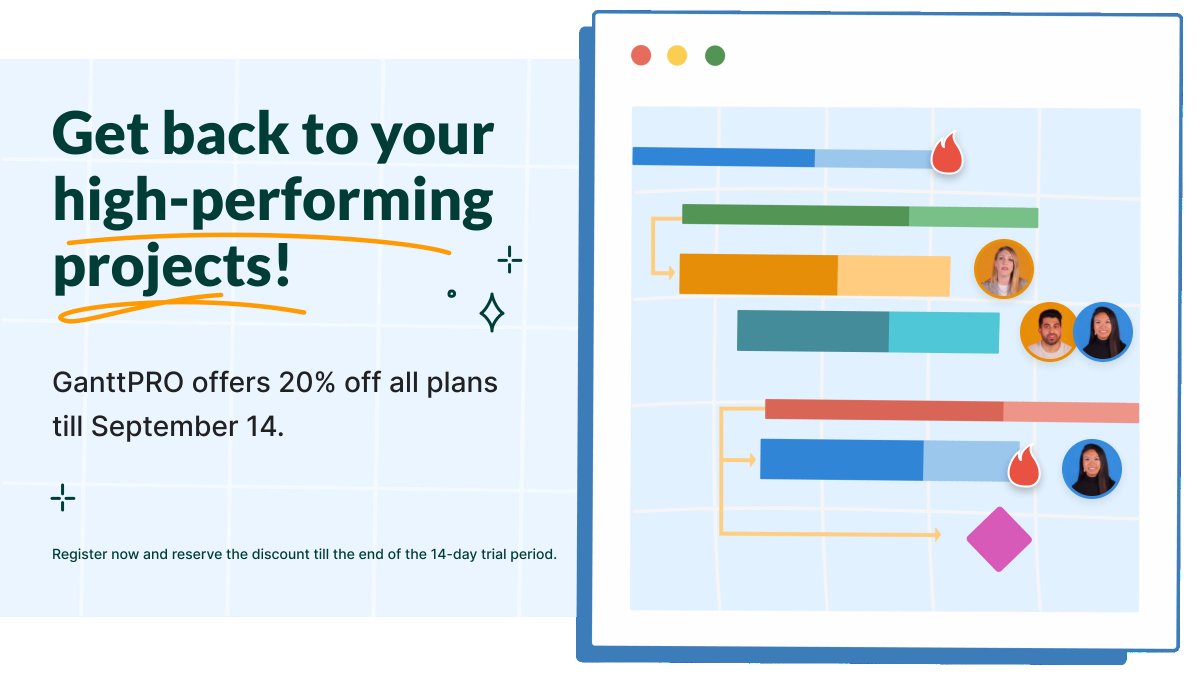 GanttPROcom's tweet image. Are you ready for the new business season? GanttPRO users are 🤩

Add a superpower to your planning process with our reliable tool. Besides, now we’re offering a 20% discount!

👉Register between 1-14 of September to get the discount. #Ganttchart #pmtool #projectmanagement