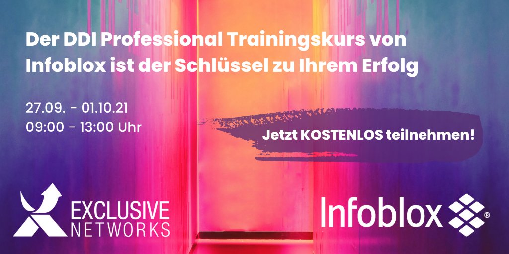 Der offizielle DDI Professional Trainingskurs von <a href="/Infoblox/">Infoblox</a> ist der Schlüssel zum Erfolg, um Ihre DDI Professional Zertifizierung zu erhalten.
Melden Sie sich jetzt noch kostenlos für diesen Kurs an: lnkd.in/d6__d3G

#WeAreExclusive #DDI #DNS #IP #DHCP #CyberSecurity