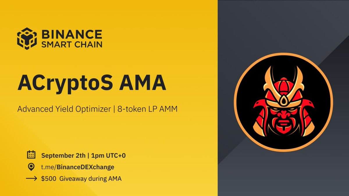 BNBCHAIN's tweet photo. 😇 @acryptosdao, a yield farming optimizer designed for the "longer-term investor" with risk management on #BSC🧐

Join #AMA for the insight😳
⏰ Sep 2nd 1pm UTC+0
--
🌱 Follow @BinanceChain @acryptosdao
🌱 RT &amp; @ 3 friends
🌱 Join https://t.co/Ngg0TaCimf

$20 each for 10 winners https://t.co/IDWBcdaU44