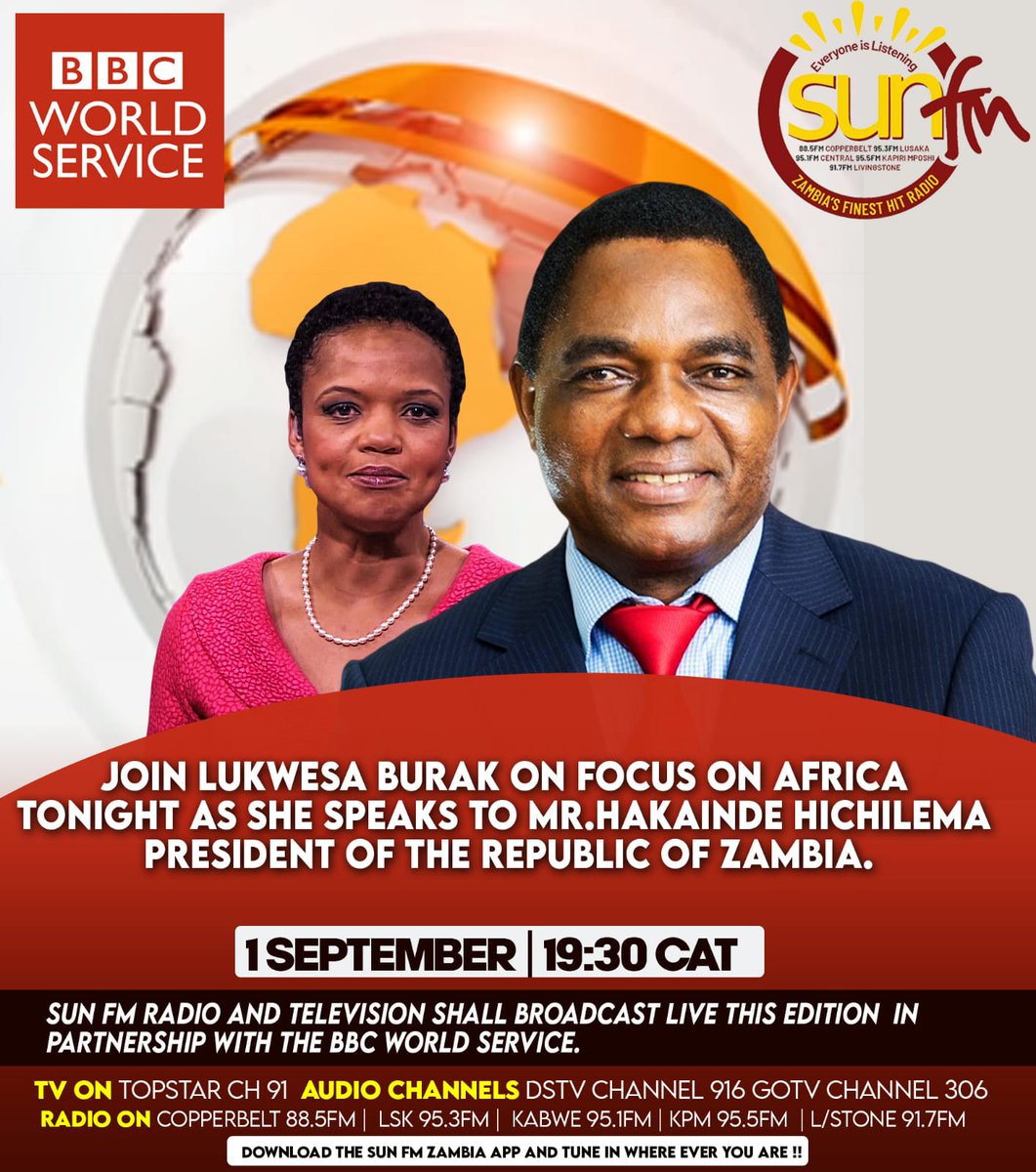 ZambianAnalyst's tweet photo. President Hakainde Hichilema will be on BBC Focus on Africa programme this evening.

The presenter is Zambian-born BBC journalist @LukwesaBurak https://t.co/gJG3mlybmp