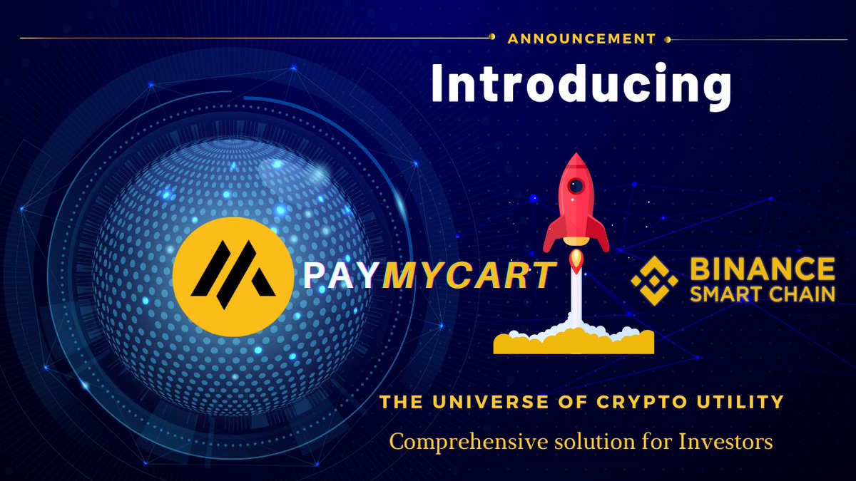 INTRODUCING PAYMYCART 🚀🚀

The Universe of #Crypto Utility.
Powered by #Binance Smart Chain. 

Website: paymycart.io
Telegram Group: t.me/paymycart
Telegram Channel: t.me/paymycartnews

Like &amp; Retweet 👍

#MCART #PAYMYCART #BSC 
#BTC  #BNB #MATIC #ADA
