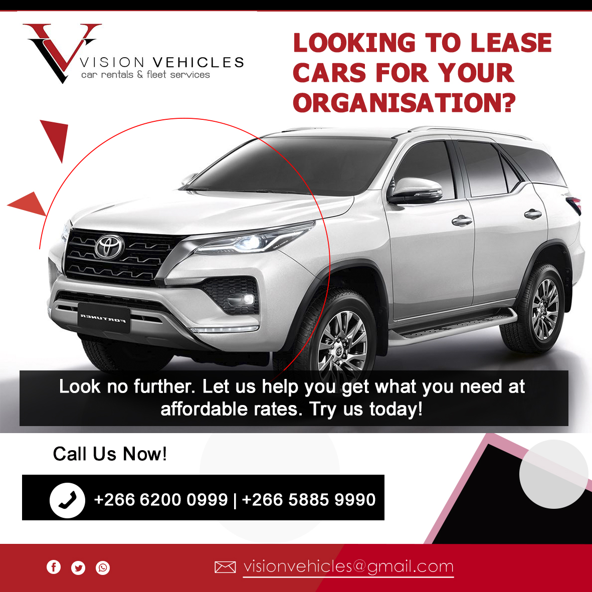 VisionVehicles9's tweet image. 🚙 Is your Department/NGO/Organisation/Company looking to lease vehicles? Look no further. We have latest multi-purpose &amp;amp; utility vehicles to suit your every need. 
🚙 All our vehicles are insured. Try us today for a FREE QUOTE. 

Call: 6200 0999/58859990 or WhatsApp: 6392 4254