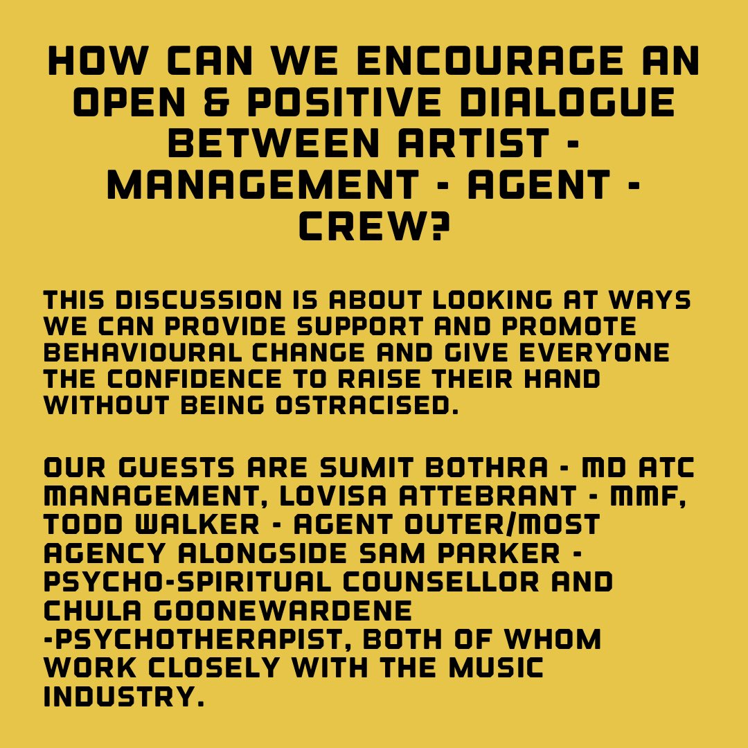 How can we encourage an open &amp; positive dialogue between artist - management - agent - crew? 

Free Online Event: Sign Up Below👇🏼

<a href="/eventbrite/">Eventbrite</a> <a href="/MMFUK/">Music Managers Forum</a>

eventbrite.co.uk/e/managers-age…